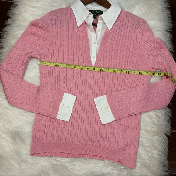 Lauren Ralph Lauren Silk Cable Knit Sweater Large Pink Soft Girl Tennis Preppy - Picture 6 of 8